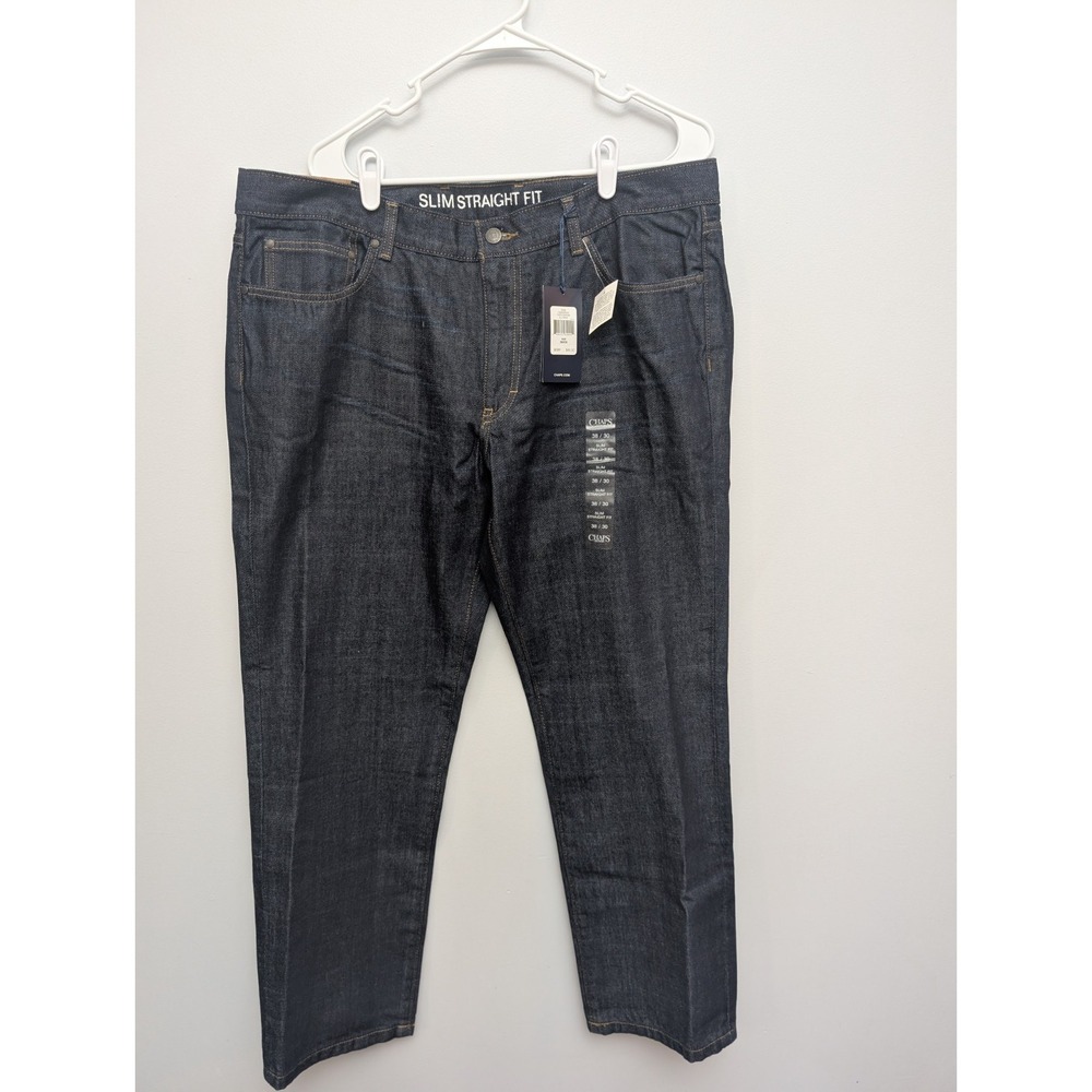 E5 NWT CHAPS Jeans Men Slim Straight Fit Jeans Size 38x30 Blue Wash